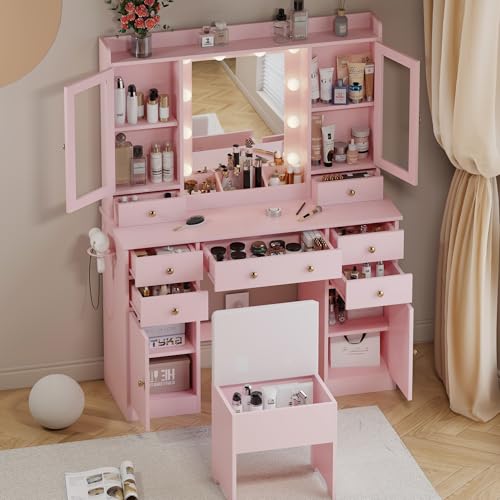 White Vanity Desk with Mirror and Lights and Chair I149738