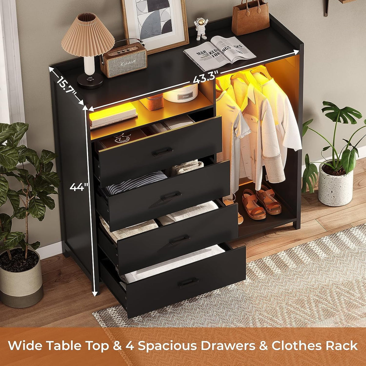 Black 4 Drawer Dresser with Clothing Rack H277