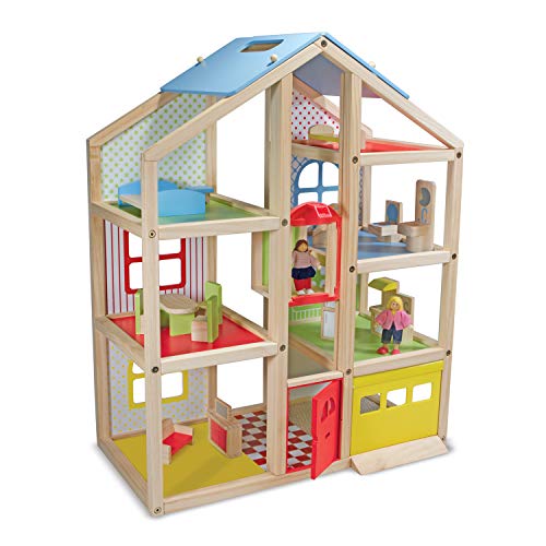 Wooden Dollhouse with 15 pcs Furniture W33798