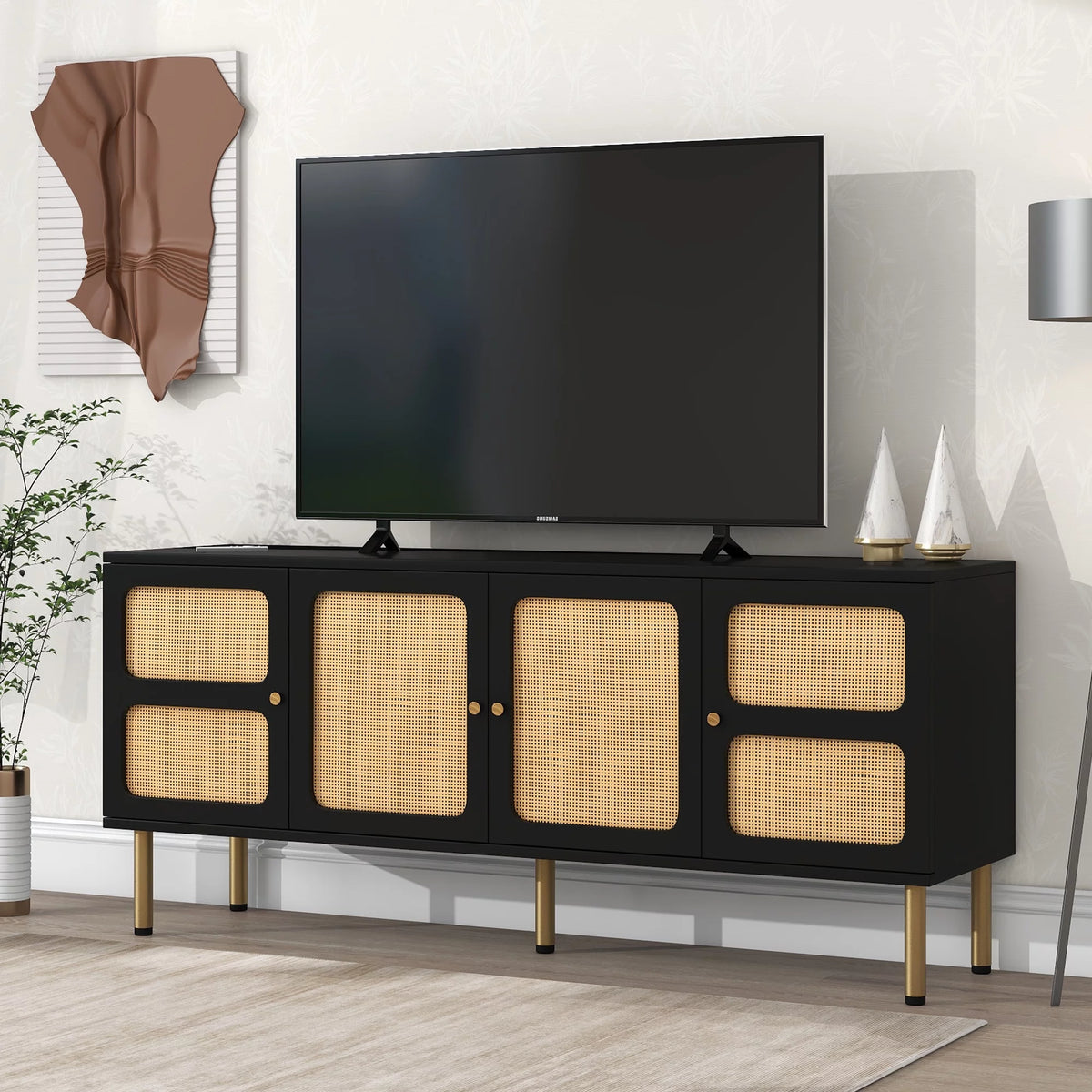 Black Rattan TV Stand with Gold Metal Legs P4429