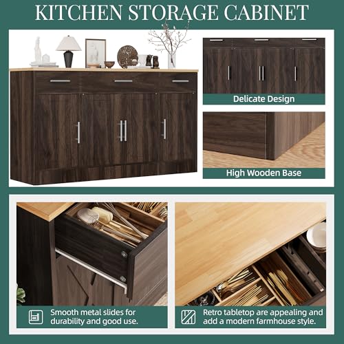 Buffet Cabinet with Storage, 3 Drawers and 4 Doors, Wood Farmhouse Sideboard Y503