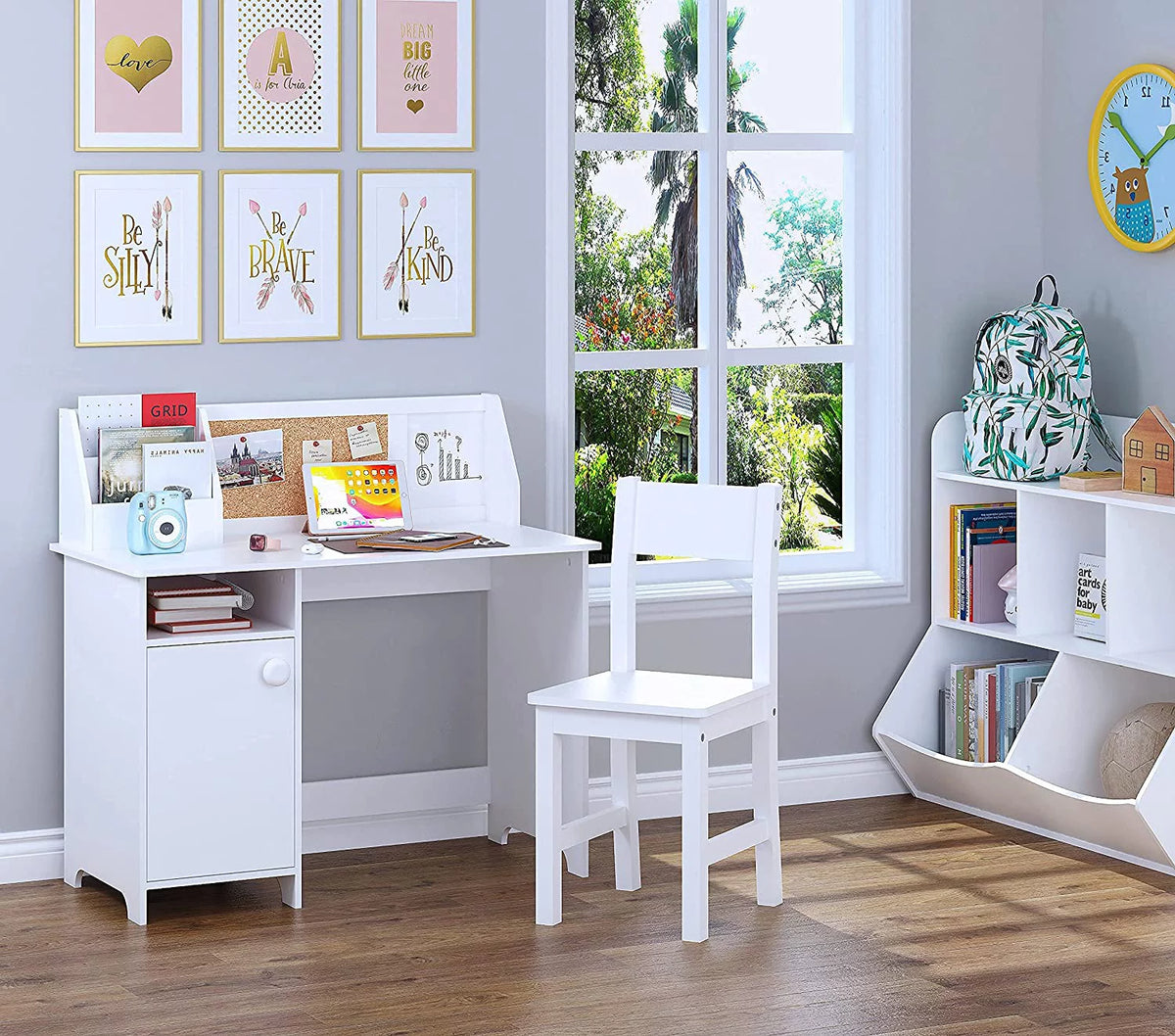 Kids Study Desk with Chair, White Wooden Study Table H1111
