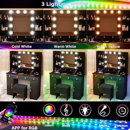 White Vanity Desk with Mirror and Lights and Chair I149738