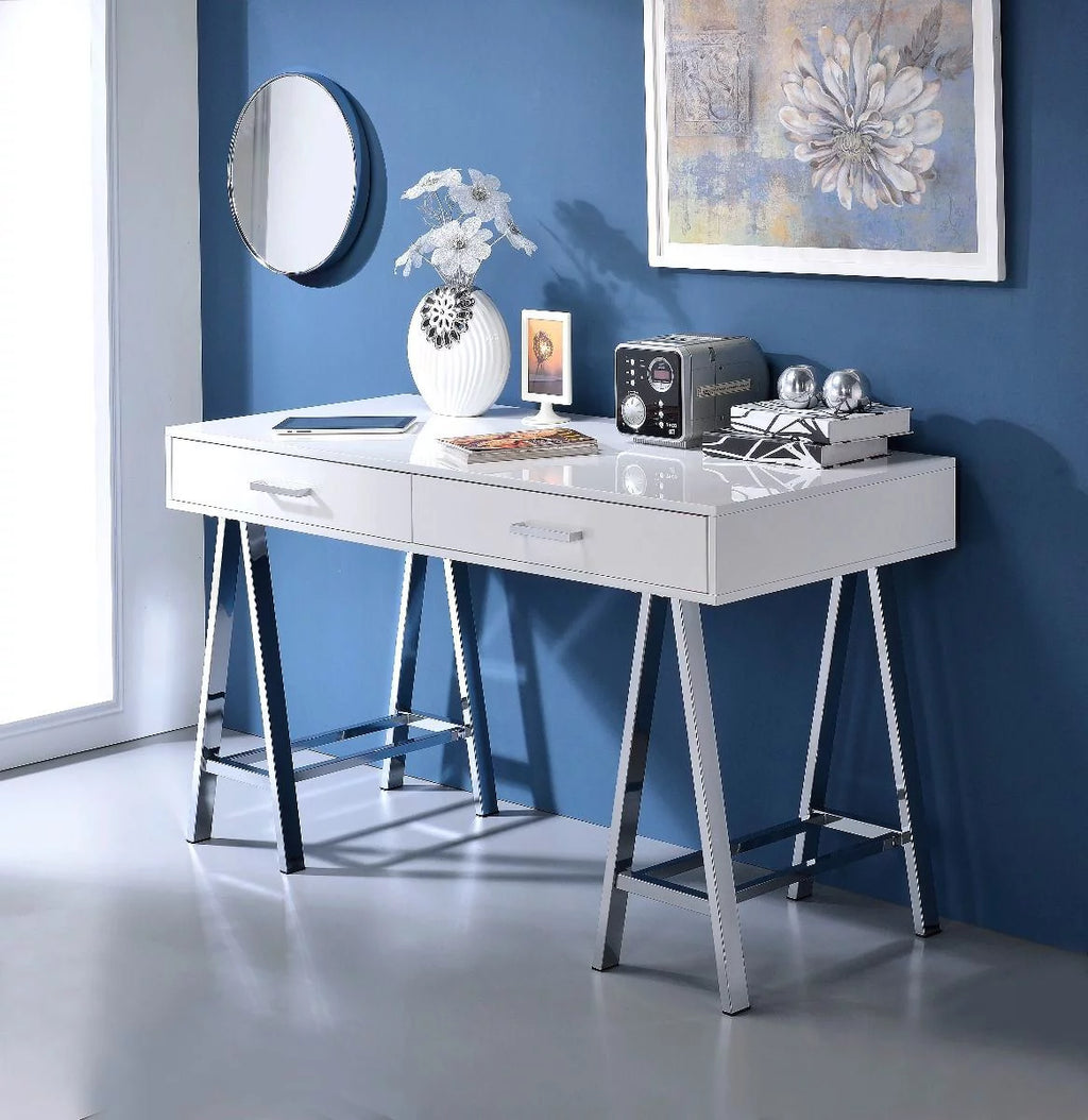 White High Gloss Chrome Writing Desk with USB Connectivity L820610