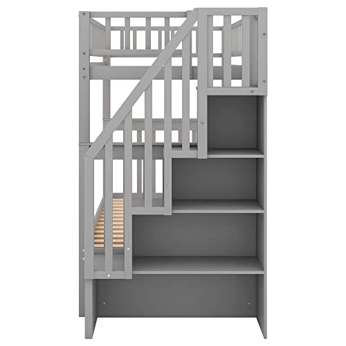Gray Twin Over Twin Solid Wood Bunk Bed with Stairs and Trundle W22010