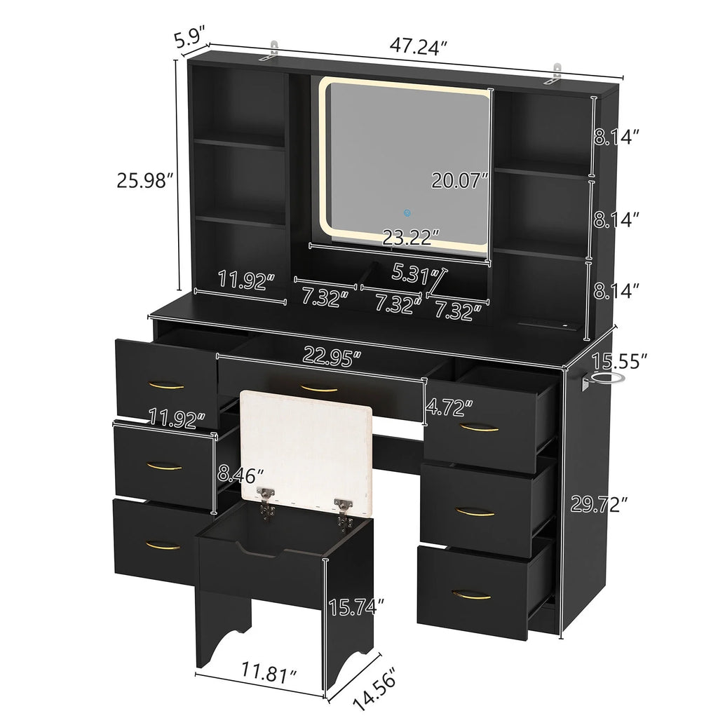 47" Black Vanity Desk with LED Lighted Mirror and 7 Drawers A8346
