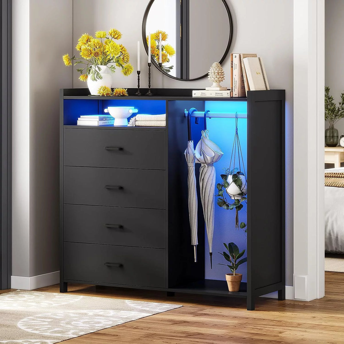 Black 4 Drawer Dresser with Clothing Rack H277
