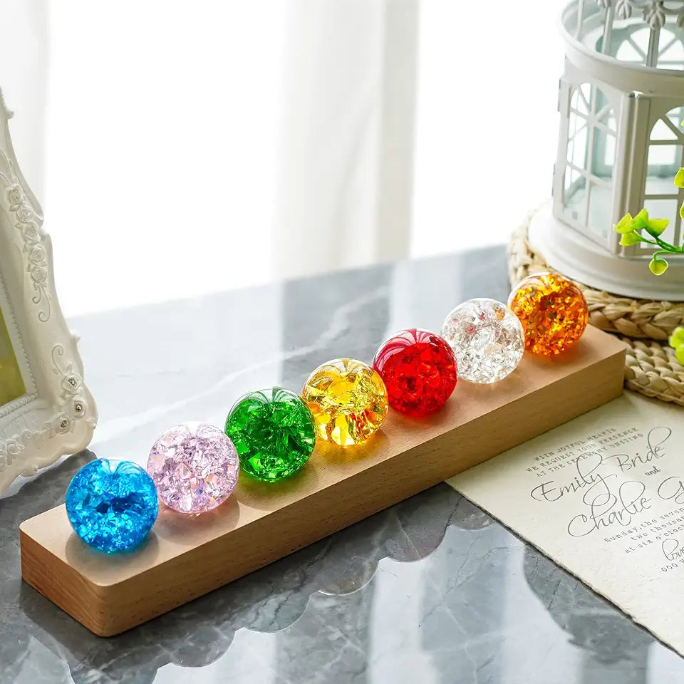 40mm Ice Cracked Crystal Chakra Balls with LED Wooden Base D99605