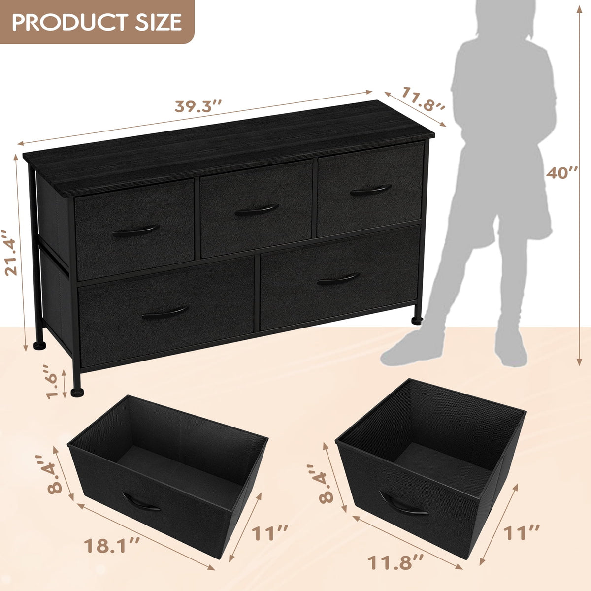 Black 5 Drawer Fabric Dresser with Wood Top A1548