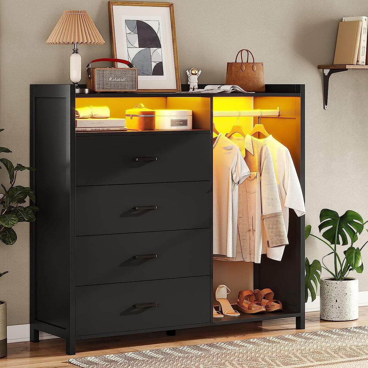 Black 4 Drawer Dresser with Clothing Rack H277