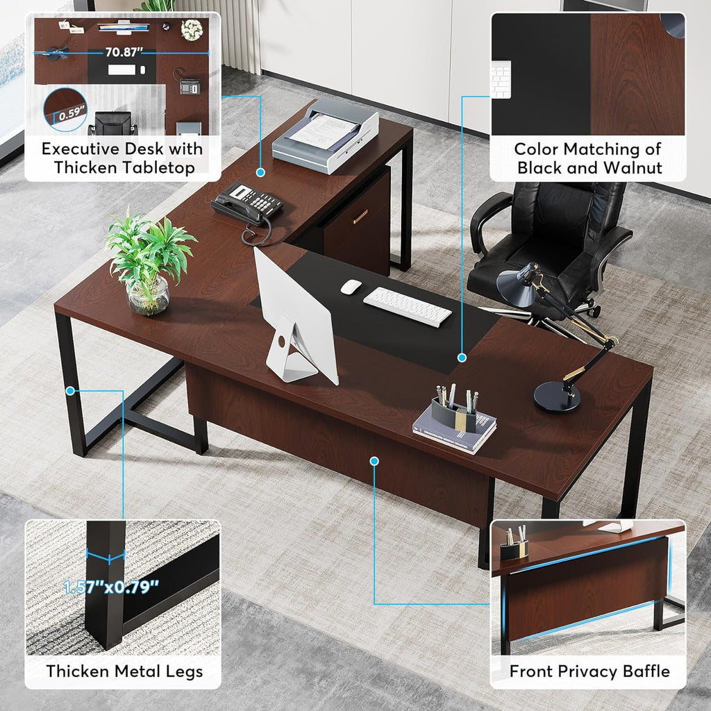 70.8” L-Shaped Executive Desk with File Cabinet J85168