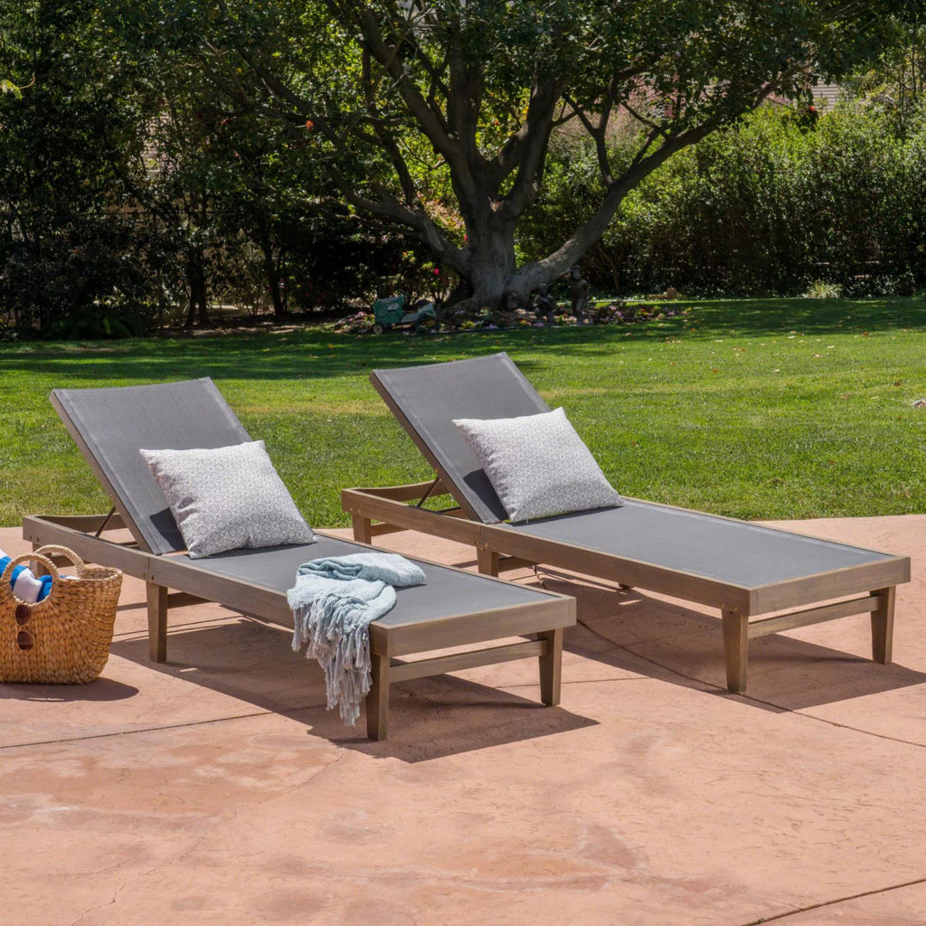 Outdoor Mesh and Wood Chaise Lounge Set of 2 Dark Grey E175