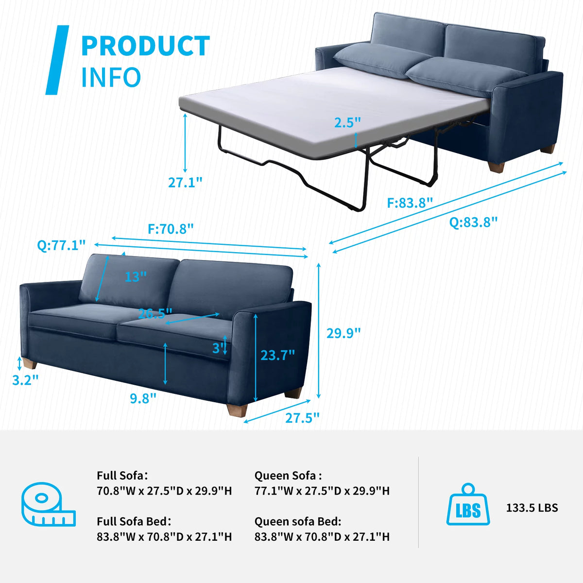 Baby Blue Full Memory Foam Sleeper Sofa Bed N839650