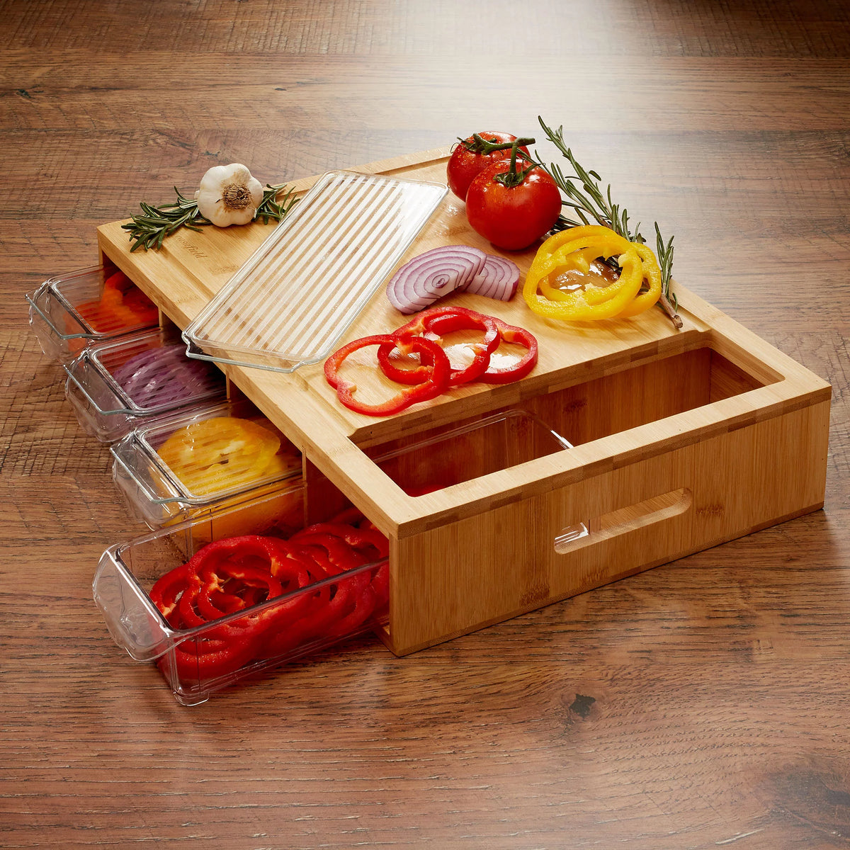 Bamboo Cutting Board with 4 Storage Trays and Lids A1726