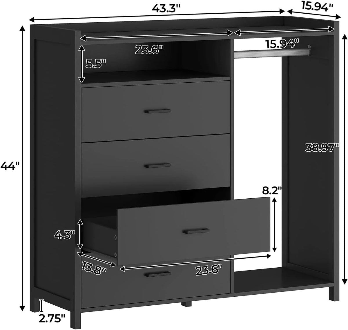 Black 4 Drawer Dresser with Clothing Rack H277