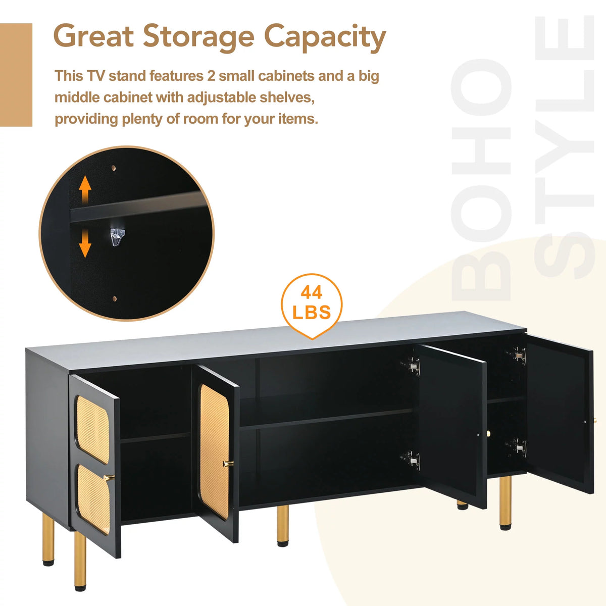 Black Rattan TV Stand with Gold Metal Legs P4429