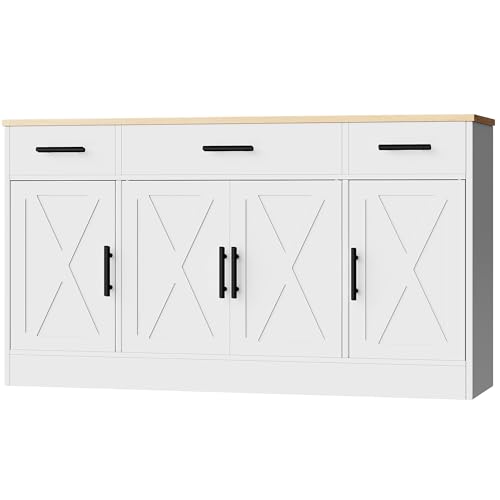 Buffet Cabinet with Storage, 3 Drawers and 4 Doors, Wood Farmhouse Sideboard Y503
