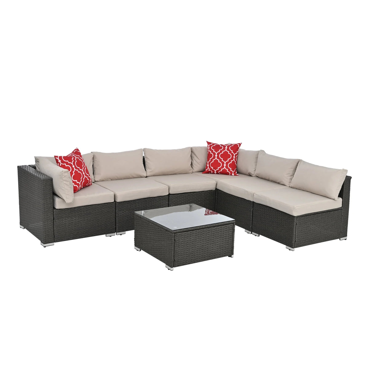 7 Piece PE Rattan Patio Furniture Set with Cushions and Glass Coffee Table N35034