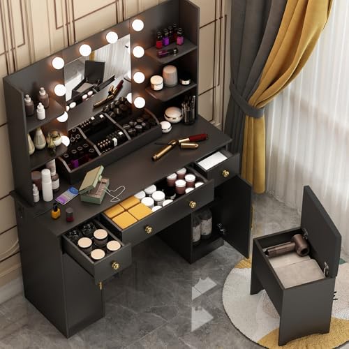 White Vanity Desk with Mirror and Lights and Chair I149738