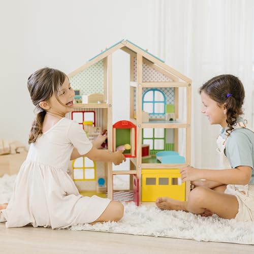 Wooden Dollhouse with 15 pcs Furniture W33798