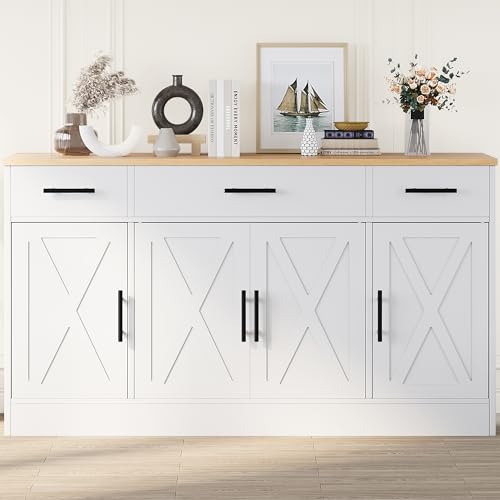 Buffet Cabinet with Storage, 3 Drawers and 4 Doors, Wood Farmhouse Sideboard Y503