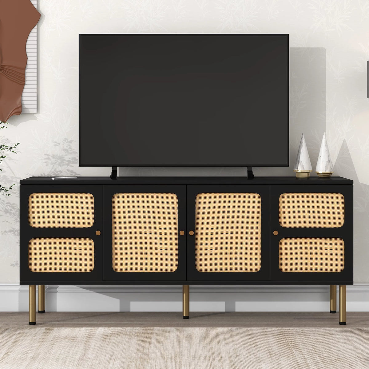Black Rattan TV Stand with Gold Metal Legs P4429