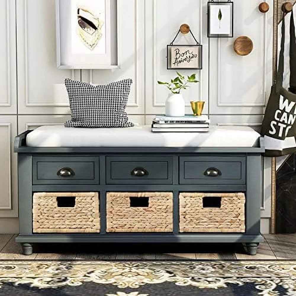 White Washed Bench with 3 Basket Drawers W280174