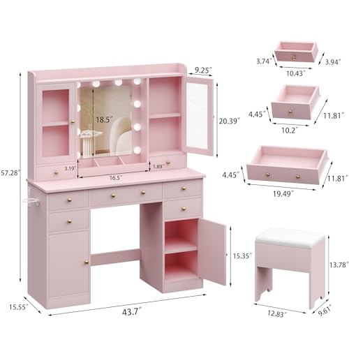 White Vanity Desk with Mirror and Lights and Chair I149738