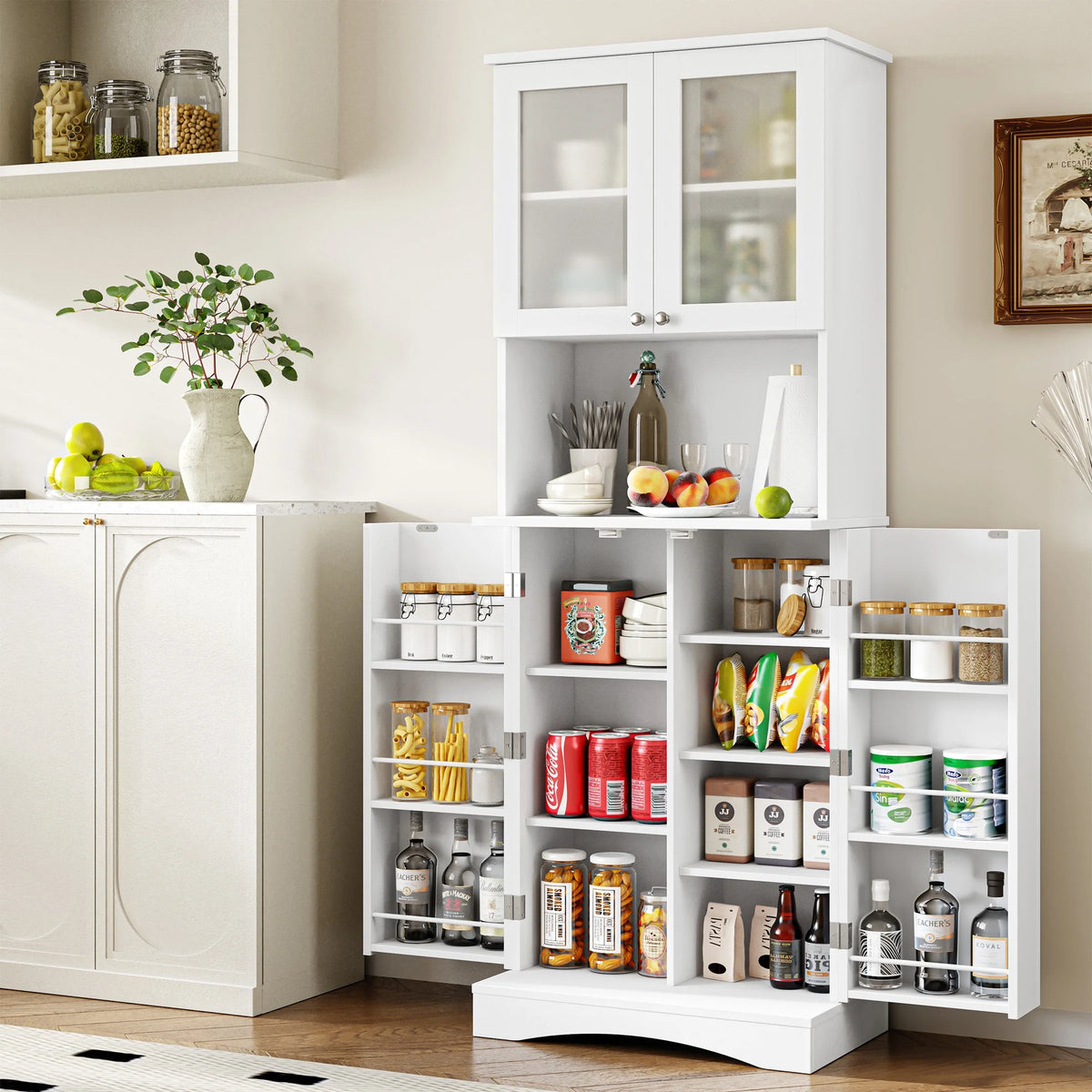63'' White 4 Door Kitchen Storage Cabinet with Adjustable Shelves M3482