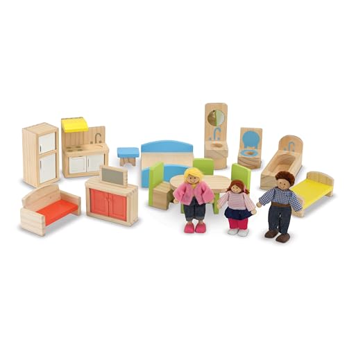 Wooden Dollhouse with 15 pcs Furniture W33798