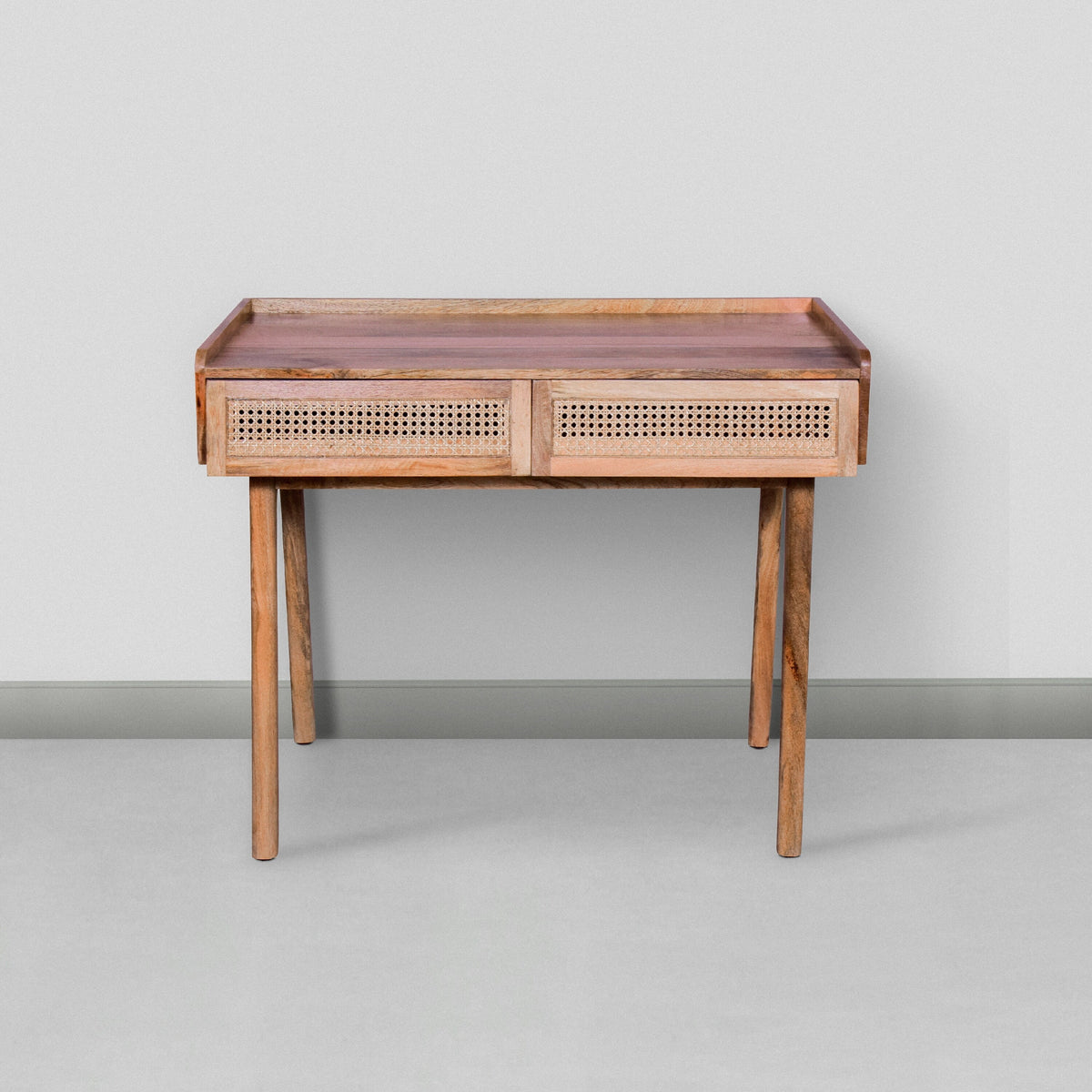 39 Inch Mango Wood Writing Desk with 2 Rattan Drawers Q496