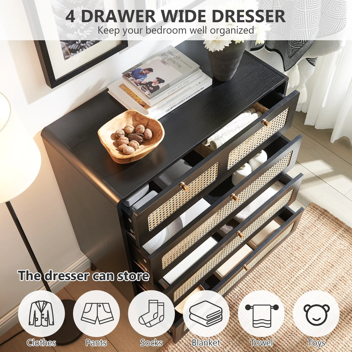 4 Drawer Natural Rattan Wood Dresser M98635