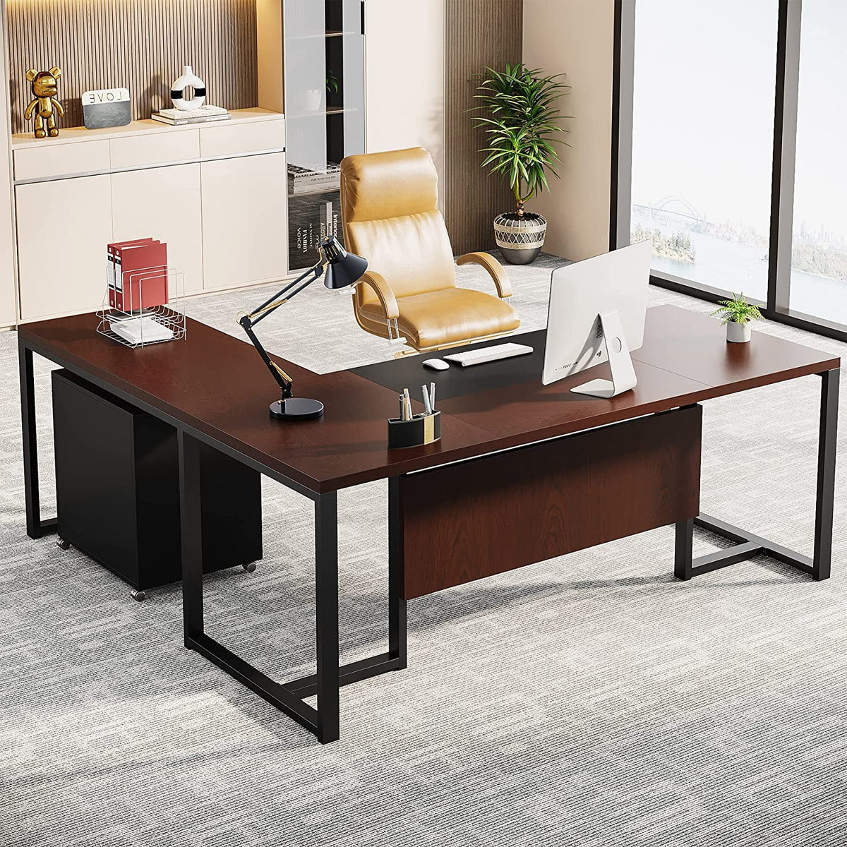 70.8” L-Shaped Executive Desk with File Cabinet J85168