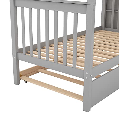 Gray Twin Over Twin Solid Wood Bunk Bed with Stairs and Trundle W22010