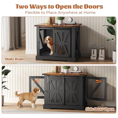 40" Heavy Duty Dog Crate Furniture with Double Doors Black G681958