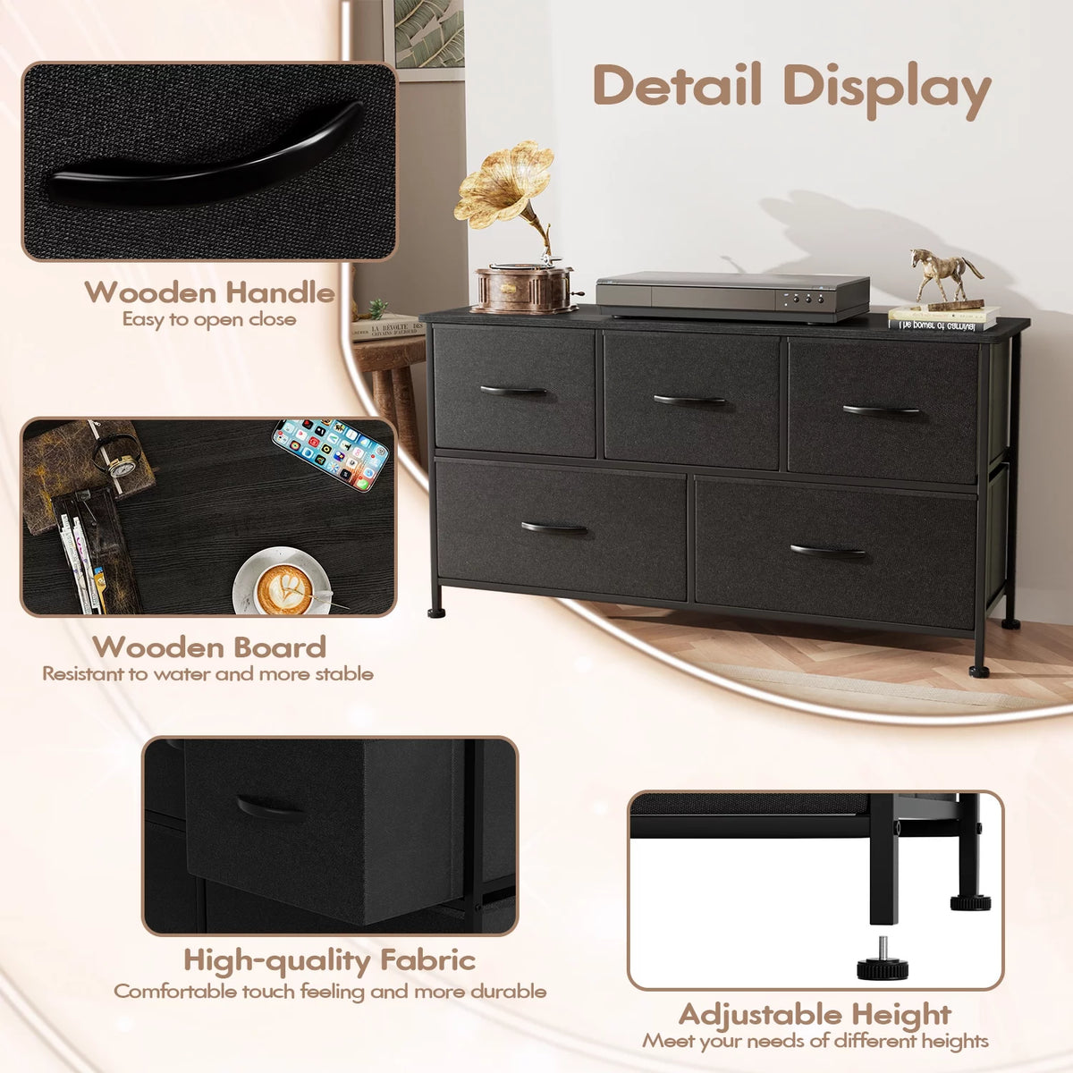 Black 5 Drawer Fabric Dresser with Wood Top A1548