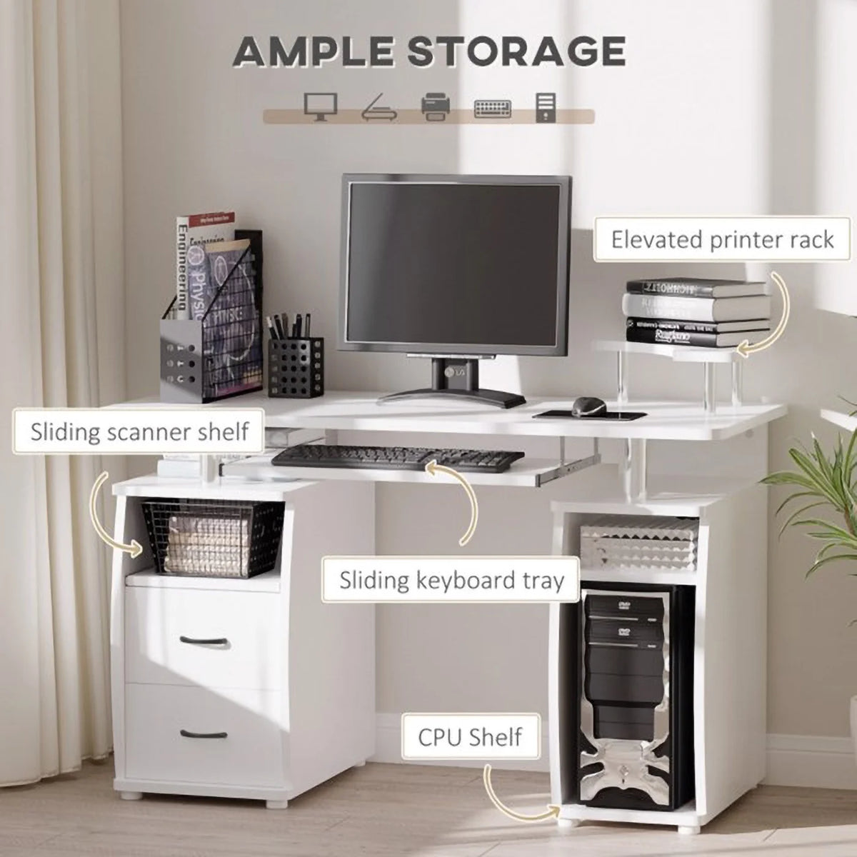 White Computer Desk with 2-Tier Drawers and Keyboard Shelf J838650