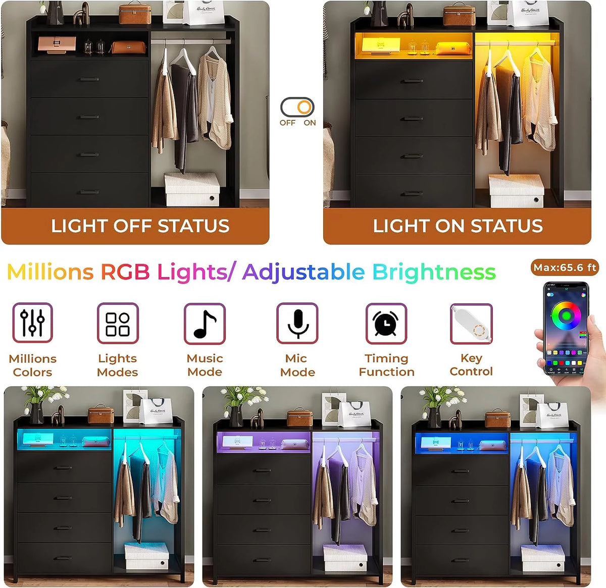 Black 4 Drawer Dresser with Clothing Rack H277