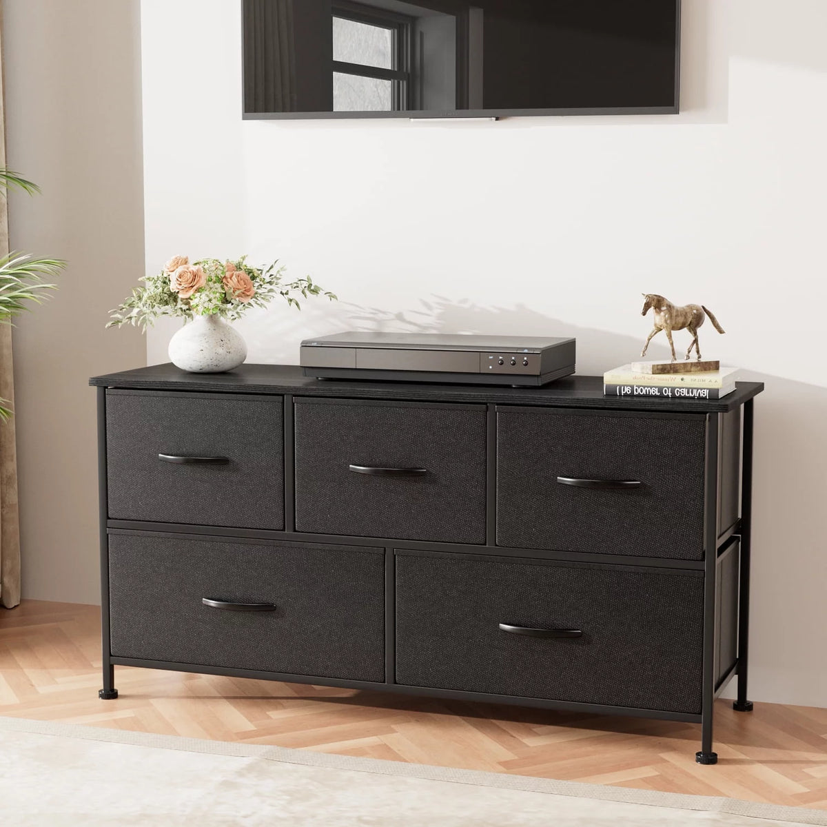 Black 5 Drawer Fabric Dresser with Wood Top A1548
