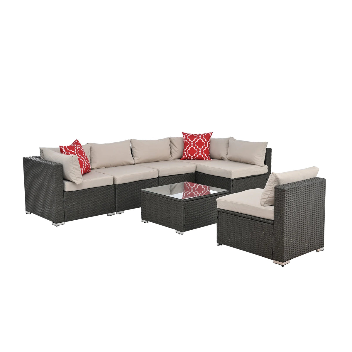 7 Piece PE Rattan Patio Furniture Set with Cushions and Glass Coffee Table N35034