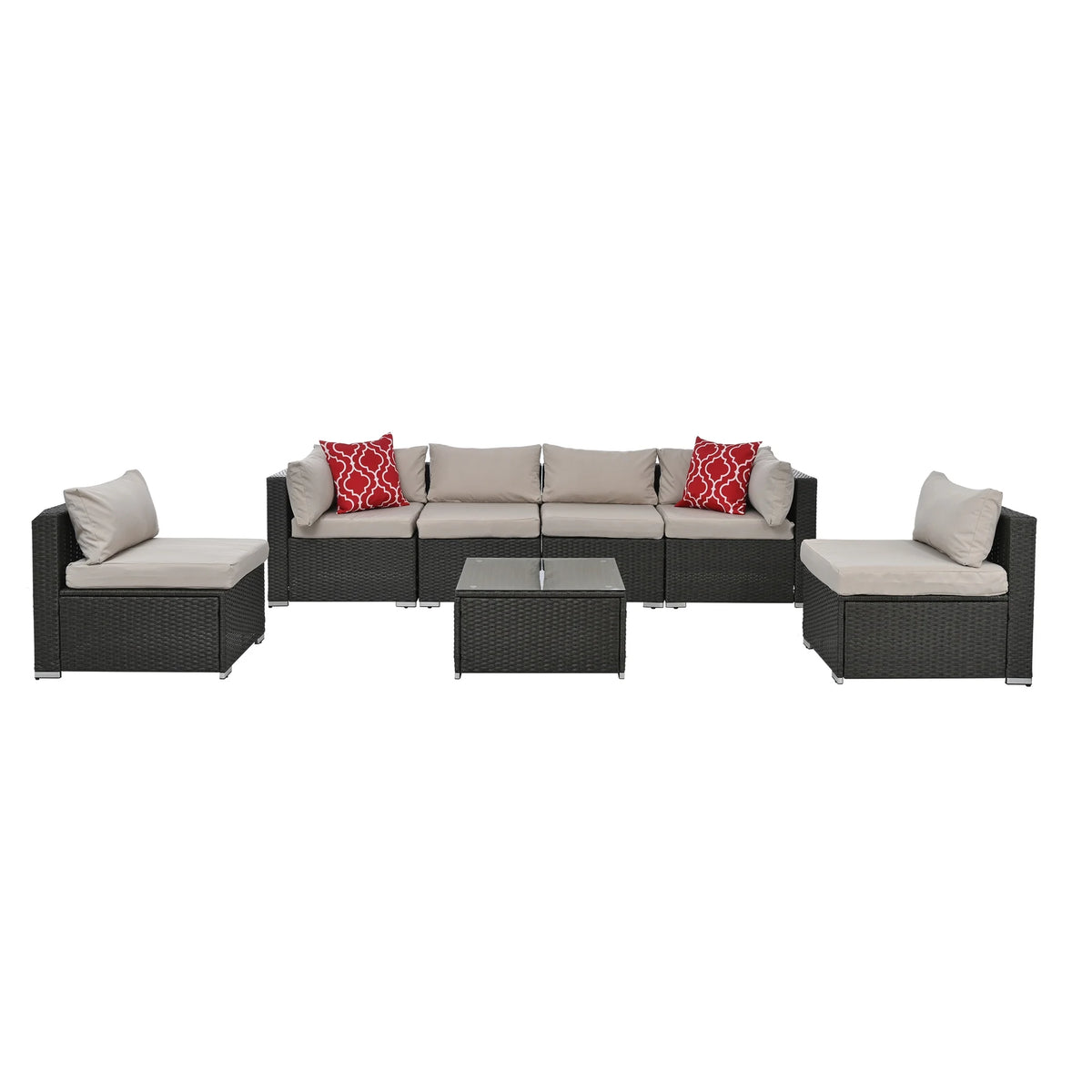 7 Piece PE Rattan Patio Furniture Set with Cushions and Glass Coffee Table N35034