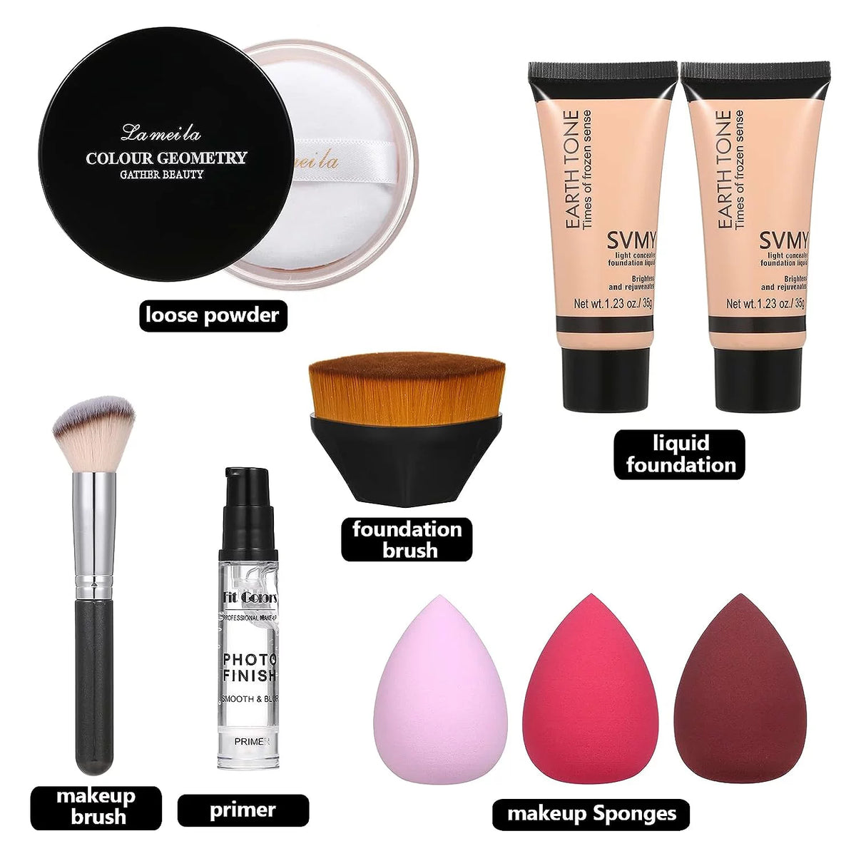 Full Coverage Matte Oil Control Foundation Concealer with Primer and Brush and Sponges S28518