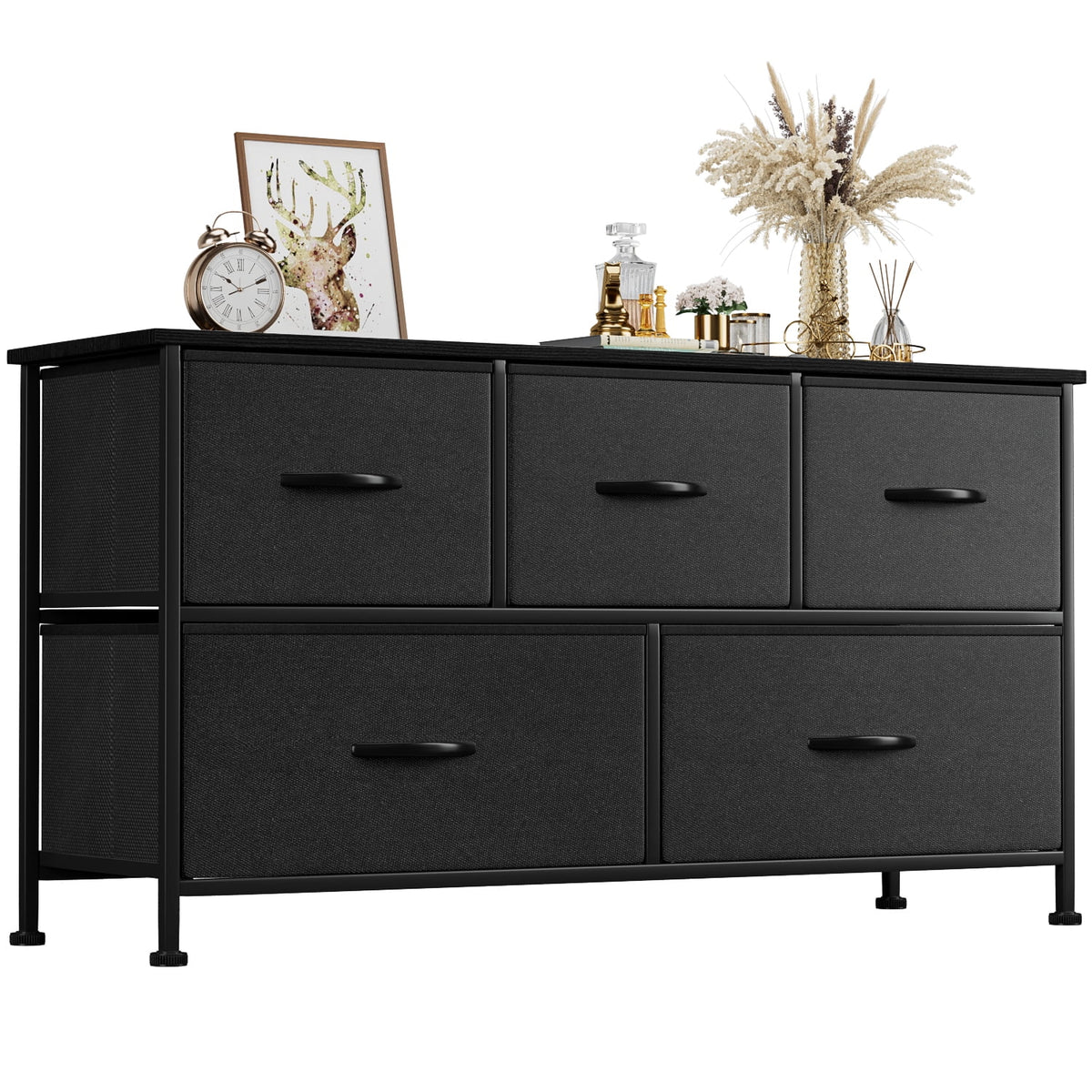 Black 5 Drawer Fabric Dresser with Wood Top A1548