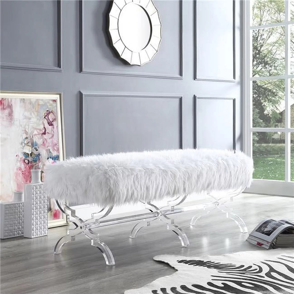 Faux Fur Upholstered Bench with Acrylic X-Legs Cream R204