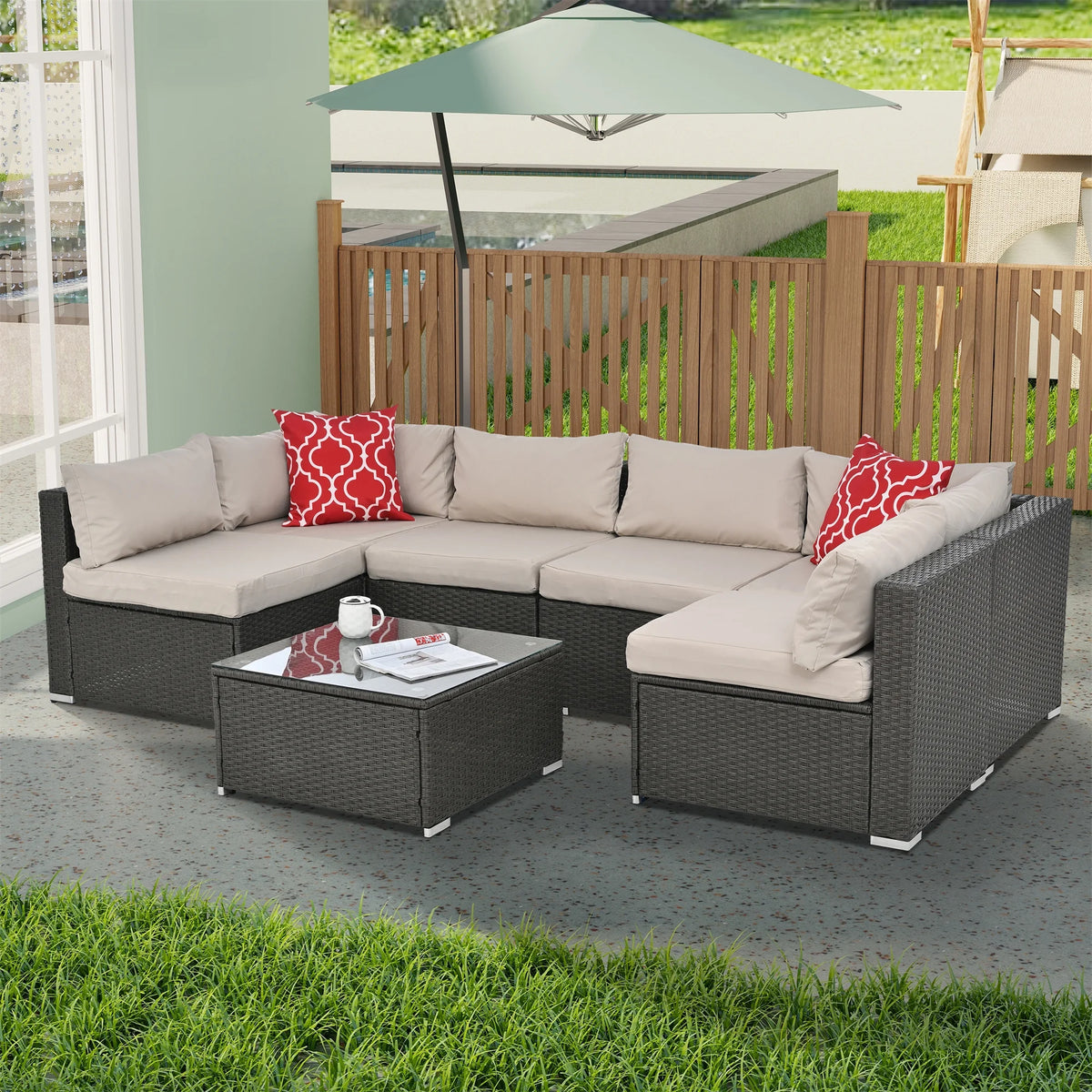 7 Piece PE Rattan Patio Furniture Set with Cushions and Glass Coffee Table N35034