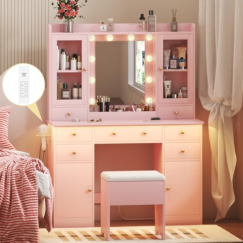 White Vanity Desk with Mirror and Lights and Chair I149738