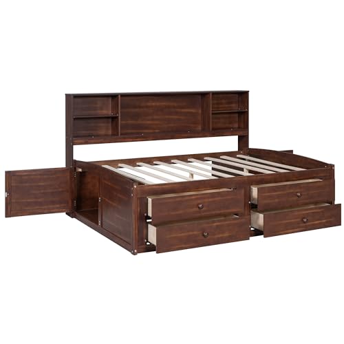 Full Size Wood Captain Bed with Storage Bookcase Drawers and Headboard L276191