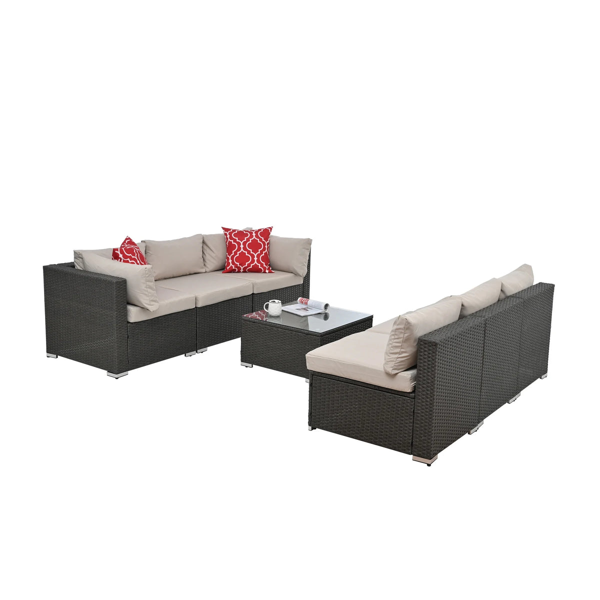 7 Piece PE Rattan Patio Furniture Set with Cushions and Glass Coffee Table N35034